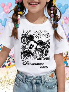 Disneyworld 2026 Mickey And Friends Sketch Fireworks Group Printed Pattern T-Shirts For Girls - Children's Clothing Design Short-Sleeved Casual And Cute Style Comfortable And Casual Wear All Year Round Suitable For Parties And Play Machine Washable Gift Children's Clothing Girls' Short-Sleeved Shirts - White - View 1