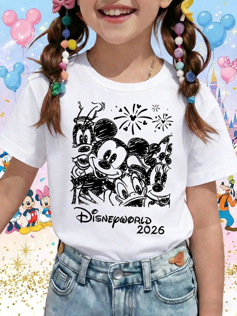 Disneyworld 2026 Mickey And Friends Sketch Fireworks Group Printed Pattern T-Shirts For Girls - Children's Clothing Design Short-Sleeved Casual And Cute Style Comfortable And Casual Wear All Year Round Suitable For Parties And Play Machine Washable Gift Children's Clothing Girls' Short-Sleeved Shirts - White - View 1