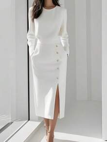 Long-Sleeved Solid Color Round Neck Waist Button Decorative Split Fork 2026 Spring And Autumn Women's Clothing Dress Women - 白色 - 查看 1
