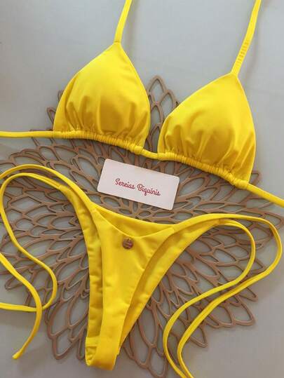 Bộ bikini buộc dây cổ màu trơn gợi cảm mùa hè, thích hợp cho kỳ nghỉ biển.