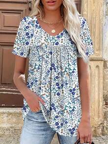 大码女装时尚碎花褶皱V领短袖休闲T恤，适合度假和夏季穿着 - 淺藍色 - 查看 2
