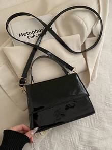 1pc New Fashionable Solid Color Textured PU Leather Flap Square Handbag, Minimalist Western Style Versatile Commuter Elegant Shoulder Bag With Detachable Adjustable Strap - Black - View 7