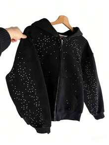 Cross-Print Long-Sleeved Hooded Sweatshirt, Street Style Zip-Up Hoodie Jacket  Casual    Rhinestone  Pocket    Four Seasons - màu đen - Xem 1