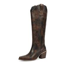 Women Cowboy Boots Knee High Comfort Vintage Floral Embroidery, Retro Pointed Toe, Block Chunky Heel, Pull On Tabs, Ladies Western Cowgirl Boots - 深棕色 - 查看 3