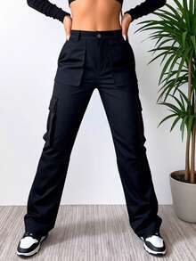 American-Style High-Waisted Camouflage Cargo Pants, Straight-Leg And Slimming, A Must-Have ForStreet Style, Exuding A Strong European And American Street Vibe, Perfect For Cool Girls' Everyday Wear. - 黑色 - 查看 1
