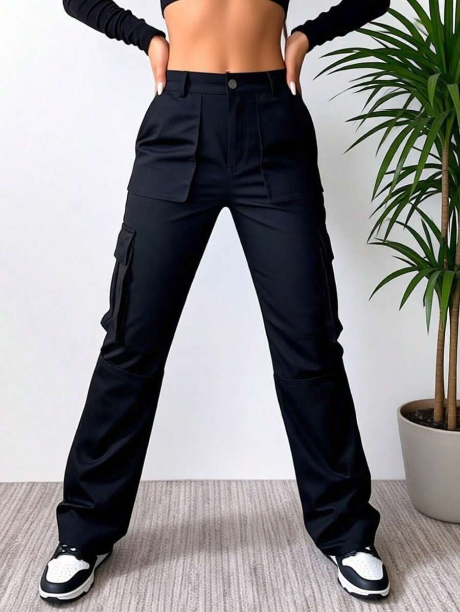American-Style High-Waisted Camouflage Cargo Pants, Straight-Leg And Slimming, A Must-Have ForStreet Style, Exuding A Strong European And American Street Vibe, Perfect For Cool Girls' Everyday Wear. - 黑色 - 查看 1