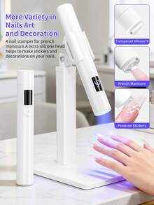 Portable LED Nail Stamper Lamp Nail Supplies With 4 Silicone Heads, DIY French Manicure & Nail Sticker Decor Kit, One-Step Curing For Press-On Stickers & Nail Art, Rechargeable Home Travel Manicure Set, Gift For Beginners - White - View 1