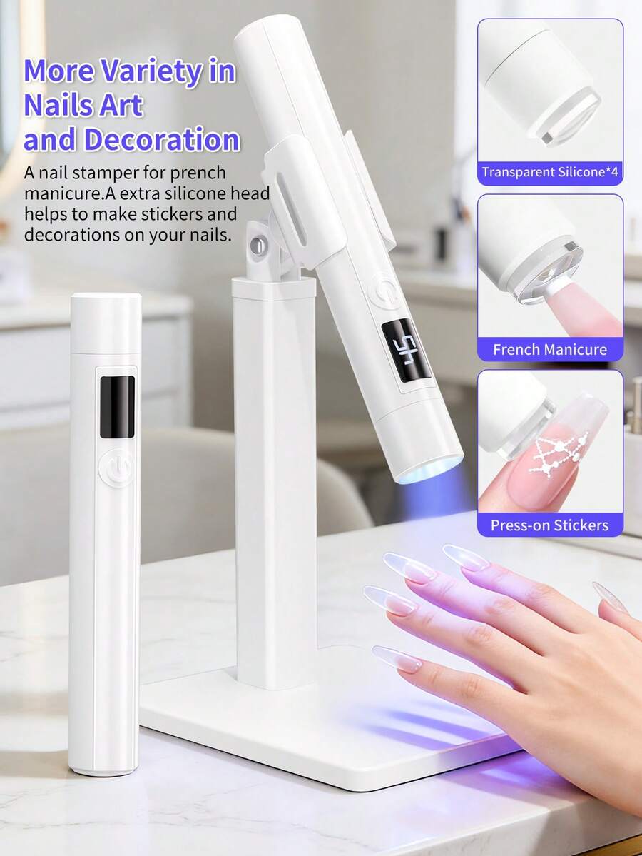 Portable LED Nail Stamper Lamp Nail Supplies With 4 Silicone Heads, DIY French Manicure & Nail Sticker Decor Kit, One-Step Curing For Press-On Stickers & Nail Art, Rechargeable Home Travel Manicure Set, Gift For Beginners - White - View 1