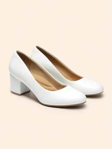Wide Fit Women's Pumps Low Chunky Block Heel Dress Shoes Closed Round Toe Comfortable Heels - trắng - Xem 6