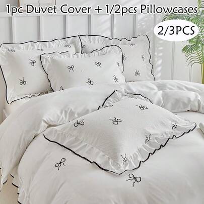 2/3件套白色蝴蝶结刺绣荷叶边被套套装，复古可爱儿童女孩床上用品套装，柔软透气，可机洗，四季皆宜，拉链封口，女孩礼物，卧室装饰（1个被套+1/2个枕套，不含被芯）