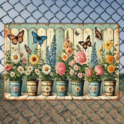 2D Flat, Vintage Metal Tin Sign Wall Art - Colorful Flower Pots & Butterflies Rustic Decor, Indoor/Outdoor Hanging Decoration For Home, Office, Cafe, Bar, Garage, Outdoor Wall Decor, Garden Decor Sign, Floral Wall Art, Weathered Finish