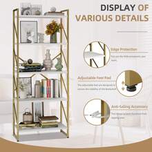 Vongrasig 5 Tier Bookshelf, Free Standing Bookcase Organizer Farmhouse Kitchen Ladder Shelves Rustic Wood Open Shelves Metal Frame, Vintage Storage Display Rack For Living Room, Bedroom Home Office - 白色+金色 - 查看 7