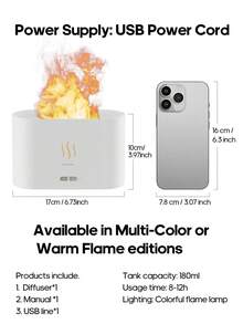 kinscoter 1 pieza Difusor de aroma con llama de colores de 180ml alimentado por USB, humidificador de niebla fría ultrasónico, difusor de aceites esenciales para el hogar, hotel, oficina - Multicolor - Ver 11
