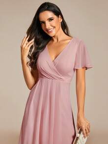 EVERPRETTY Elegant Chiffon V-Neck Ruched Front Pink Bridesmaid Dress, Soft High-Low Ruched Hem, Suitable For Wedding Ceremony And Formal Evening Occasions - Dusty Pink - View 4