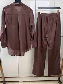 Linen Shirt And Pants Set (2 Pieces), Lined With Elastic. - 紫紅色 - 查看 2