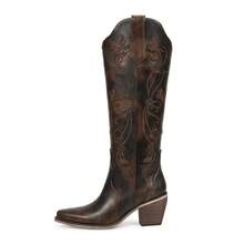 Women Cowboy Boots Knee High Comfort Vintage Floral Embroidery, Retro Pointed Toe, Block Chunky Heel, Pull On Tabs, Ladies Western Cowgirl Boots - 深棕色 - 查看 4