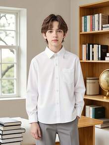 5Y-14Y 男童經典純白長袖襯衫附口袋，柔軟紳士風襯衫，適合學校、畢業典禮、表演、正式派對、晚餐 - 白色 - 查看 16