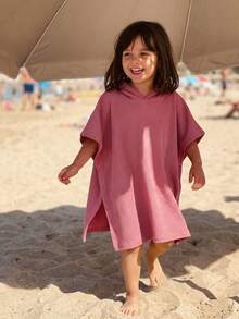 Kids Casual Hooded Cover Up Stylish Poncho Style Solid Color Lightweight Loose Fit Bathing Suit Wraps For Pool Beach - 藕粉色 - 查看 7