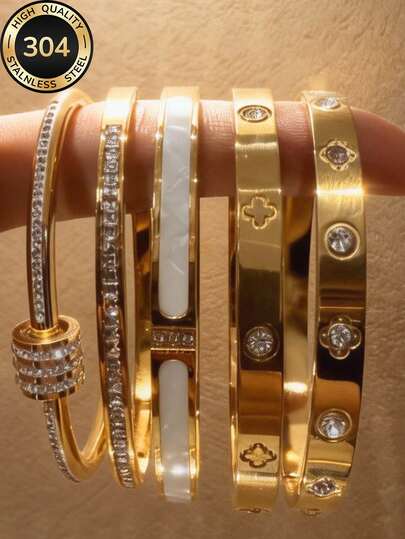 5pcs/Set Minimalist Elegant Luxury Sparkling Star Bangle Bracelets, High-End Titanium Steel Bracelets For Women