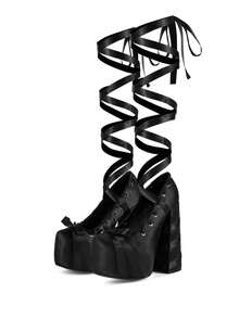 Womens's Ballet Pumps Sweet Lace Up Chunky High Heel Pumps Cute Platform Heels Bow Ribbon Pumps Satin Closed Toe Party Ballet Dress Shoes Elegant Wedding Party Shoes For Women - 黑色 - 查看 4