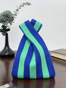 lulu kewen 1 buah Tas Tote Pegangan Simpul Anyaman Buatan Tangan, Pola Kotak-kotak Bergaris, Tas Tangan Anyaman Poliester untuk Wanita - Biru - View 3