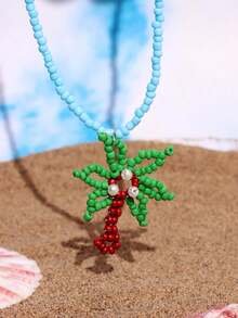 1pc Handmade Beaded Necklace With Coconut Tree, Pineapple, Starfish Pendants In Pink & Green, Colorful Y2K Minimalist Personalized Beach Jewelry - Multicolor - View 16