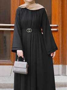 黑色褶皱长袍，配O形环腰带，伊斯兰风格长袖连衣裙 - 黑色 - 查看 4