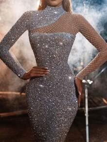 Hollow Off-The-Shoulder Dress Crew Neck Slim-Fitting Temperament S-Shaped Sequined Dress - Bạc - Xem 1