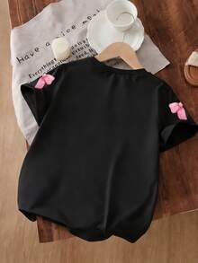 Girls' Casual Minimalist T-Shirt, Cute Bow Pattern, Pink Letter Print, Cartoon Style, Girls' Pullover, Round Neck Short Sleeve, Spring/Summer New Short Sleeve Top - Black - View 4