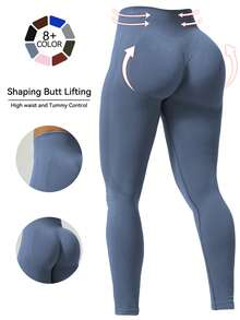 1 pieza Pantalones deportivos casuales de unicolor para mujer, pantalones de yoga de cintura alta con control de abdomen, pantalones de cintura alta que levantan el trasero - Azul Marino - Ver 3