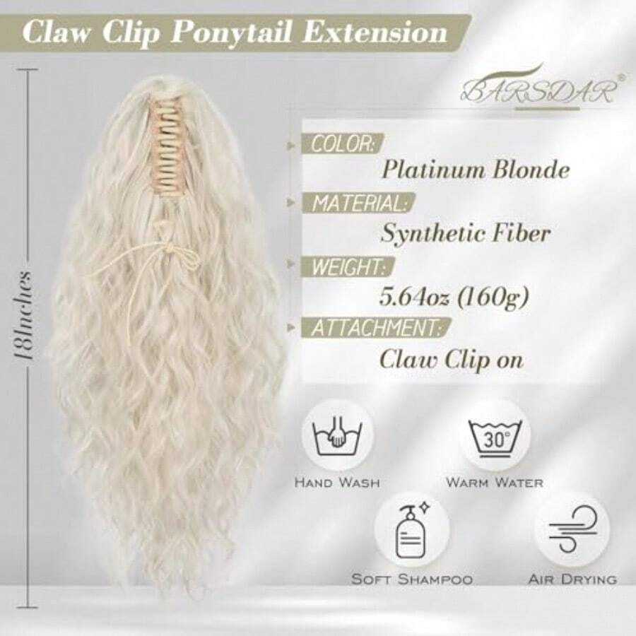 BARSDAR Extennes De Cola De Caballo Con Pinzas De 45 Cm Para Resaltar: Extennes Gruesas Suaves Onduladas Y Rizadas Para Mujer Extennes De Cab Sintético Con Pinzas De Aspecto l Rub - Rubio Platino - Ver 1