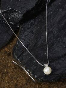 Opalesca 1pc Elegant Women Jewelry S925 Sterling Silver Necklace With Pearl & Four-Claw Set Diamond Pendant Locking Collarbone Chain Versatile Noble Party Gift Birthday Present - Silver - View 1