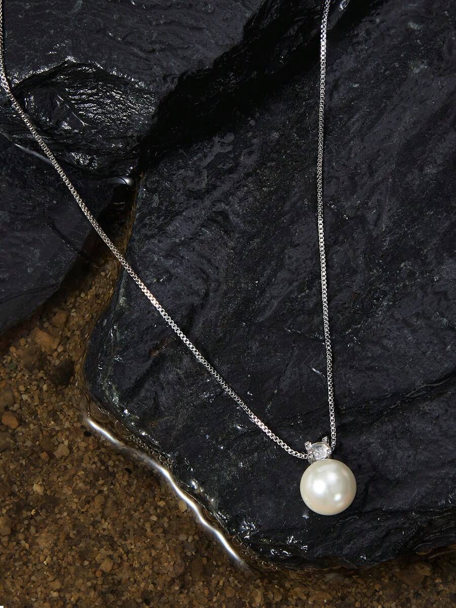 Opalesca 1pc Elegant Women Jewelry S925 Sterling Silver Necklace With Pearl & Four-Claw Set Diamond Pendant Locking Collarbone Chain Versatile Noble Party Gift Birthday Present - Silver - View 1