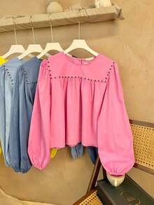 Hermiss Plain Blouse With A Round Neck Decorated With Studs On The Upper Part And Long Elasticated Sleeves. One Size Fits S/M. New Autumn/Winter Collection. Estimated Delivery 1-3 Business Days (Mainland Spain). - Màu Hồng baby - Xem 5