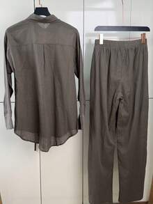 Linen Shirt And Pants Set (2 Pieces), Lined With Elastic. - Màu xanh lá cây đậm - Xem 3