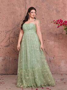 口袋款，新款，吊带，刺绣，优雅，大码伴娘礼服，蝴蝶结，荷叶边，网纱，雪纺，适合舞会、婚礼、派对、婚礼宾客、晚宴等场合，春季女士绿色连衣裙 - 綠色 - 查看 3