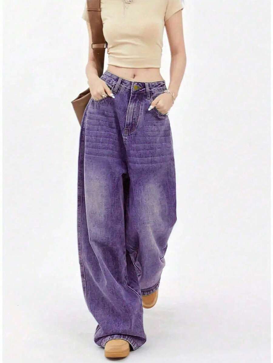 Quần jeans nữ ống rộng cạp trung bình thấp, chất liệu denim xanh đậm, thiết kế xếp ly ở eo, cúc kim loại, kiểu dáng retro năm 2026, thoải mái khi mặc. - Màu tím - Xem 1