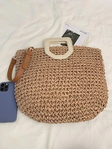 1pc Large Capacity Tote Bag, Fashion Shoulder Bag, Straw Woven Beach Bag, Suitable For Daily Use, Vacation - Khaki - View 6