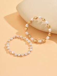 Set de 2 bucăți, elegante și la modă, cu perle artificiale neregulate albe, accesoriu de bijuterii fermecător pentru femei, potrivit pentru zi cu zi, vacanță, plajă, fotografie, vară - Multicolor - Vizualizare 3