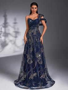 IBTRLY New High-End Luxury Elegant Navy Blue Heavy Beaded Sequin Embroidered Fabric Evening Gown With 3D Shoulder Design, Suitable For Formal Dinner, Party, Bachelorette Party, Wedding, Birthday Party, Homecoming, Ceremony, Ball, Mother Of The Bride - Navy Blue - View 5