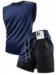 2pcs/Set Men Sports Casual 2 In 1 Sweatpants, Sleeveless T-Shirt Top, Running, Fitness, Training Suit Pants, Outdoor Training Vest Sleeveless Top - 藏蓝色 - 查看 1