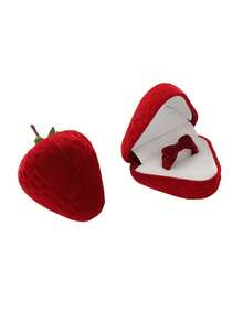 Strawberry-Shaped Ring Box With Soft Cushioning Interior & Realistic Leafy Stem - Elegant Red & White Contemporary Jewelry Storage Case For Wedding Bands, Engagement Rings, Valentine's Gift - Synthetic Faux Leather-Like Material, Compact Proposal Box For Couples, Girlfriend, Boyfriend - Multicolor - View 8