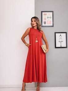 Long Dress In Viscose/Lycra Blend With Side Pockets. - 赤陶 - 查看 7