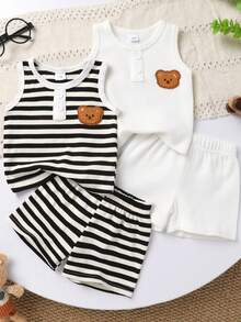 4pcs Set Cute Baby Boy Casual Soft Comfortable Cartoon Bear Embroidered Striped Knit Vest And Elastic Waist Sports Shorts - Multicolor - View 1