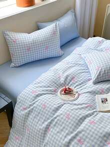 Bộ 3 món bằng 100% cotton, in hình nơ màu xanh dương, gồm 2 vỏ gối và 1 vỏ chăn (không bao gồm ruột chăn), thích hợp cho sinh viên/sinh viên ở ký túc xá. - Nhiều màu - Xem 4