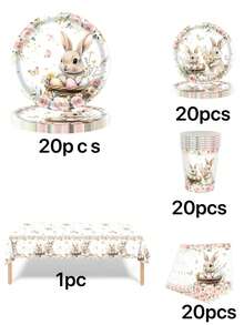 41 piezas Conjunto de fiesta de cumpleaños con tema de conejo de Pascua que incluye 20 platos, 20 servilletas y 1 mantel, ideal para fiestas de fans - Multicolor - Ver 12