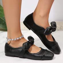 New Spring/Summer Low Vamp Versatile Bow Tie French Soft Leather Square Toe Flat Shoes,Ballet Flats - Black - View 5