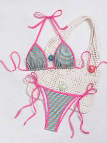 可爱优雅的黑色吊带比基尼套装，饰有系带细节和褶皱胸部设计，适合女性 - 彩色 - 查看 6