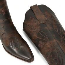 Women Cowboy Boots Knee High Comfort Vintage Floral Embroidery, Retro Pointed Toe, Block Chunky Heel, Pull On Tabs, Ladies Western Cowgirl Boots - 深棕色 - 查看 6