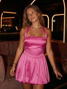 Women's Satin Bubble Hem Halter Dress  Backless Tie-Up Neck Mini Dress In Muted Color Palette  Perfect For Summer Parties, Beach Getaways, And Date Nights  Available In Multiple Hues - 玫紅色 - 查看 2
